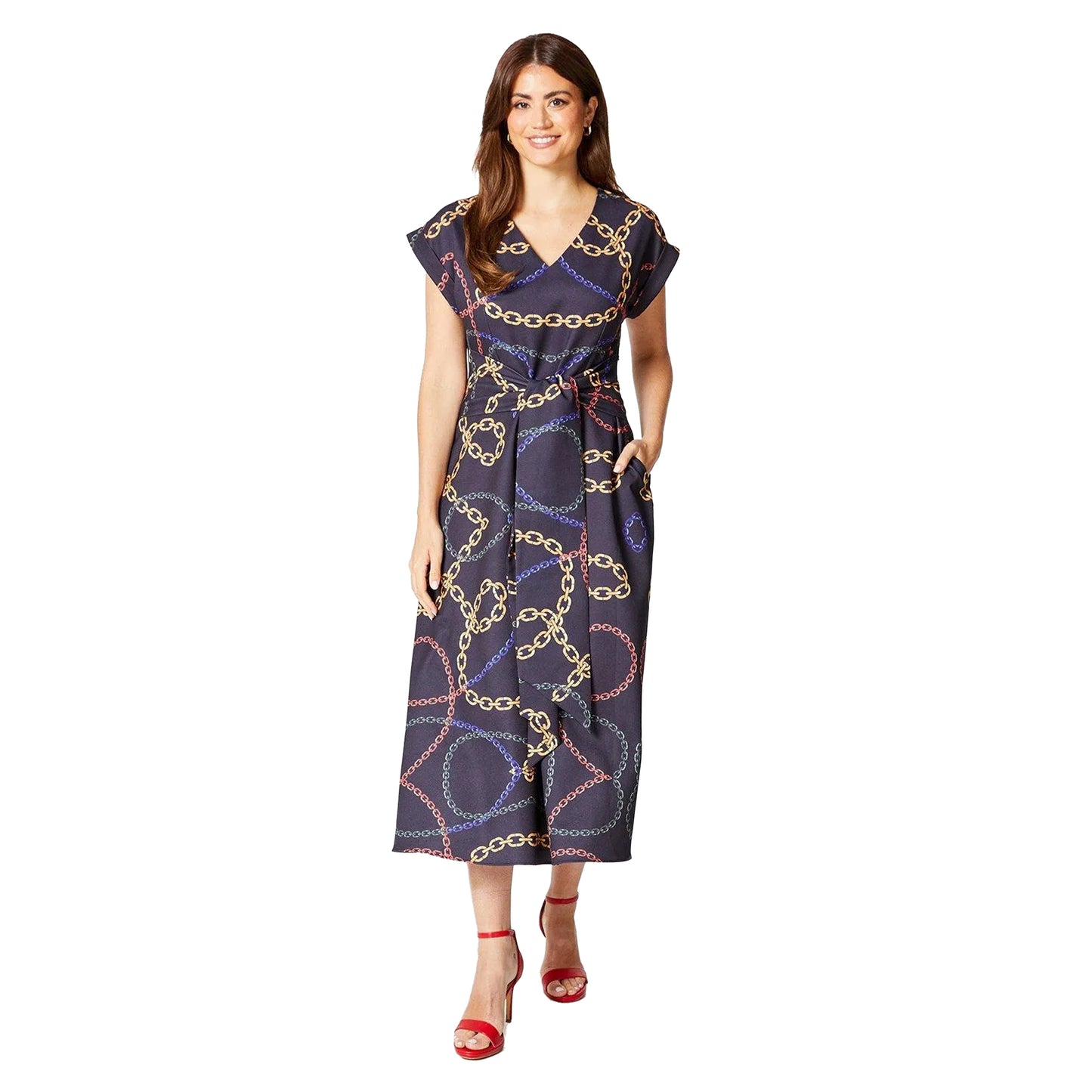 Navy - Front - Principles Womens-Ladies Chain Print Belted Midi Dress