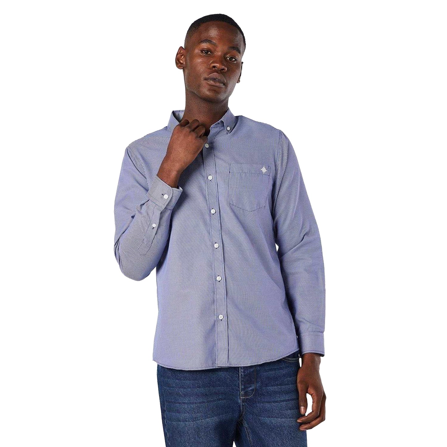 Navy - Side - Maine Mens Mini Grid Check Long-Sleeved Shirt