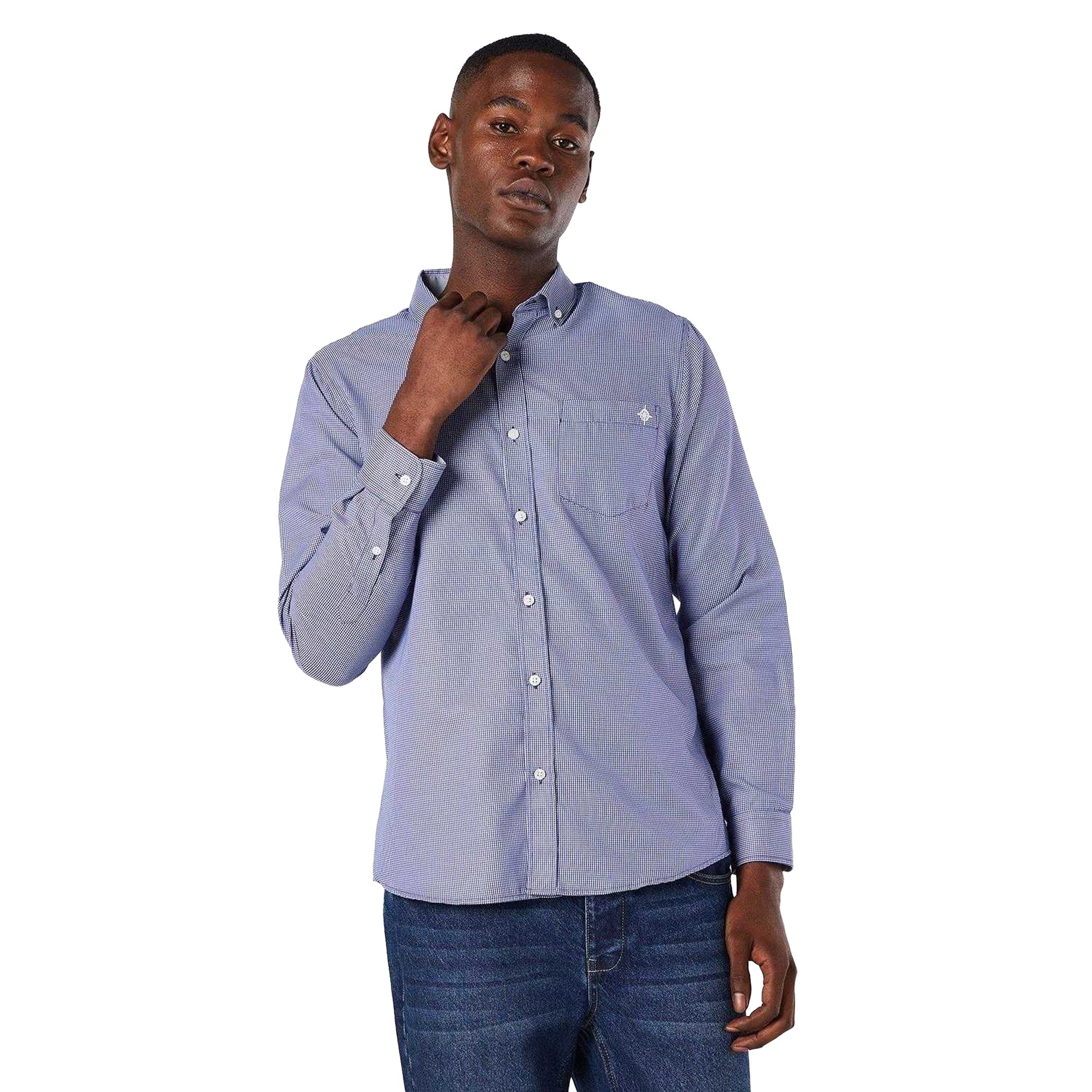 Navy - Side - Maine Mens Mini Grid Check Long-Sleeved Shirt