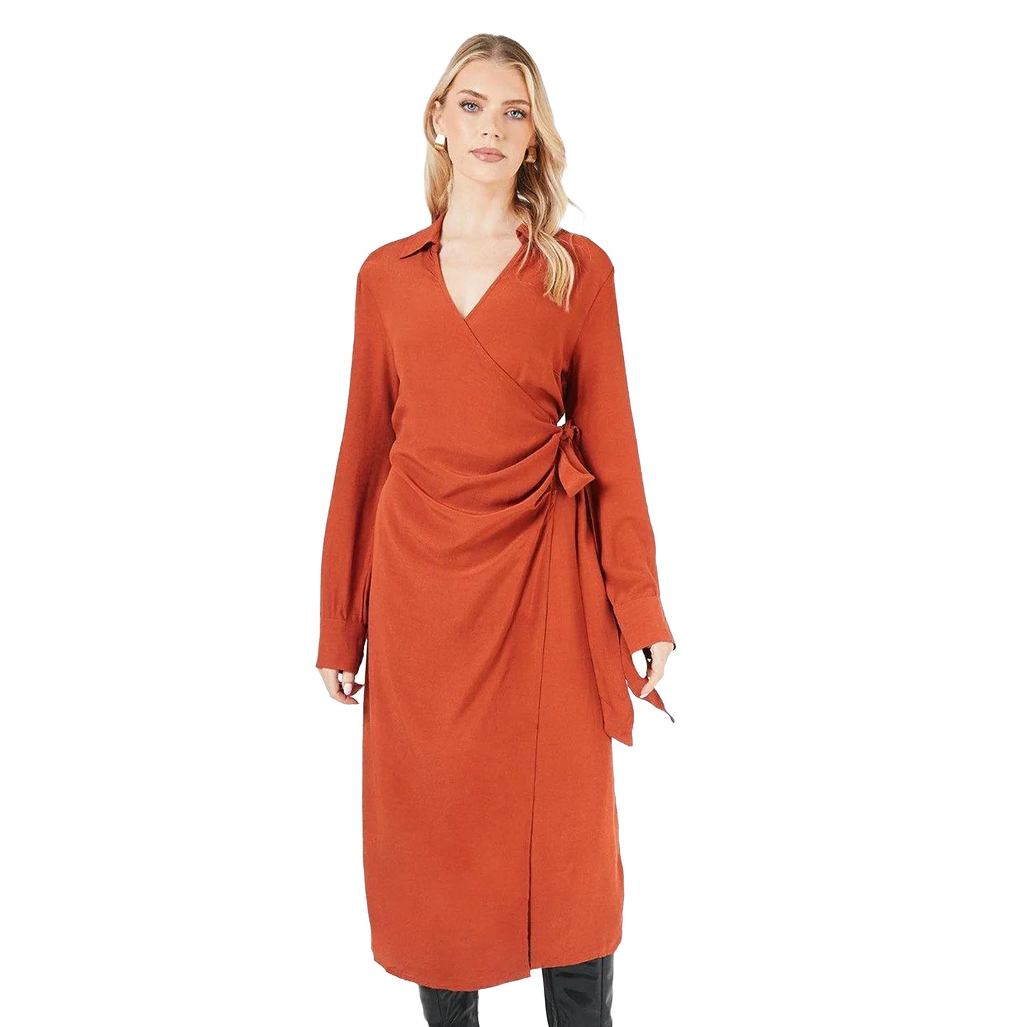 Rust - Front - Principles Womens-Ladies Belt Detail Collared Wrap Dress