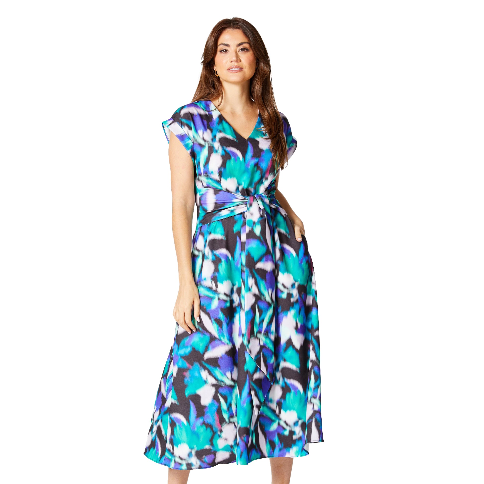 Black - Front - Principles Womens-Ladies Blurred Floral Belted Midi Dress