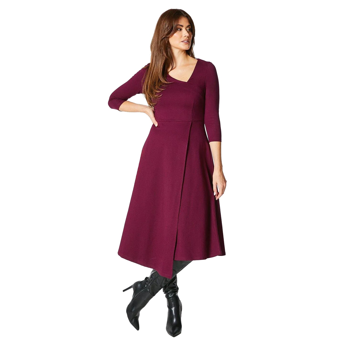 Berry - Front - Principles Womens-Ladies Ponte Asymmetric Hem Midi Dress