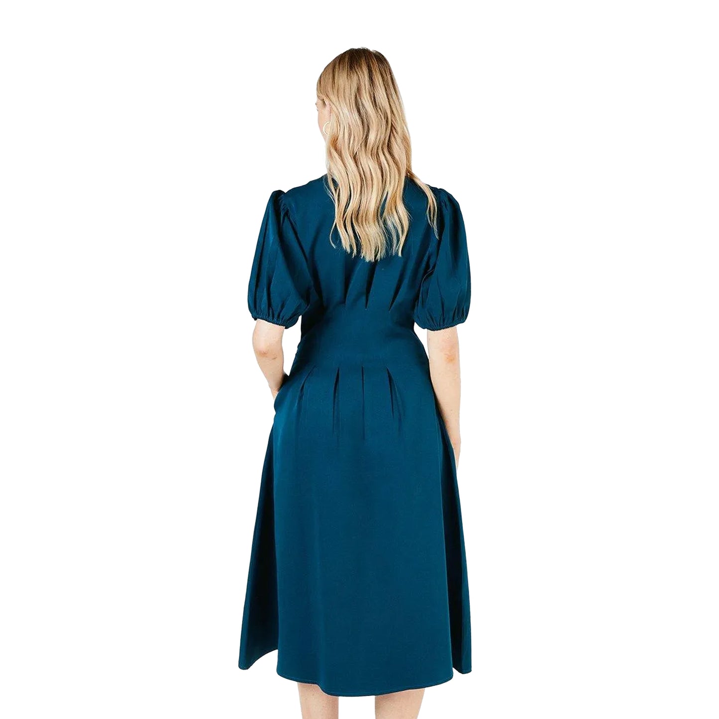 Teal - Back - Principles Womens-Ladies Pleated Puff Sleeve Midi Dress
