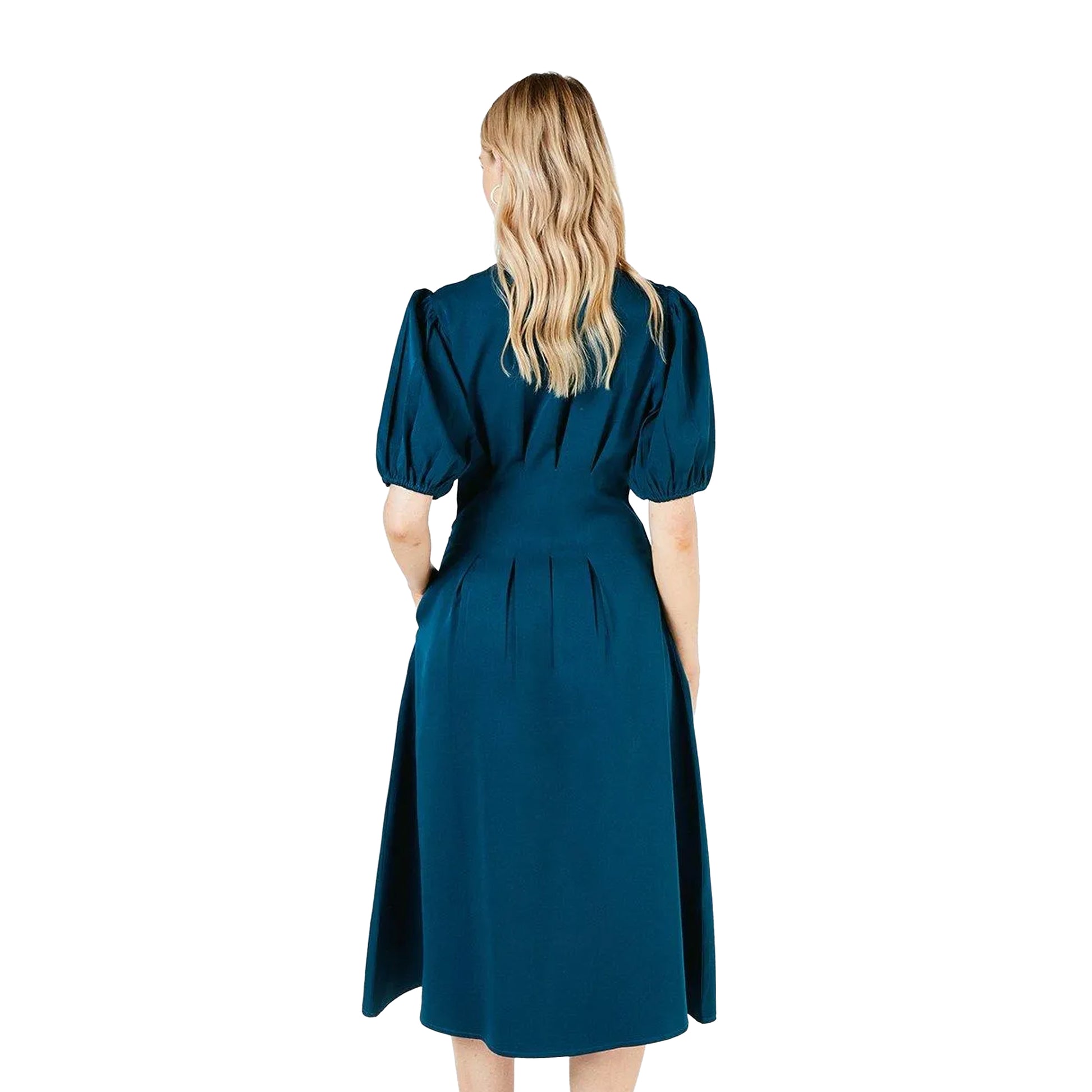 Teal - Back - Principles Womens-Ladies Pleated Puff Sleeve Midi Dress
