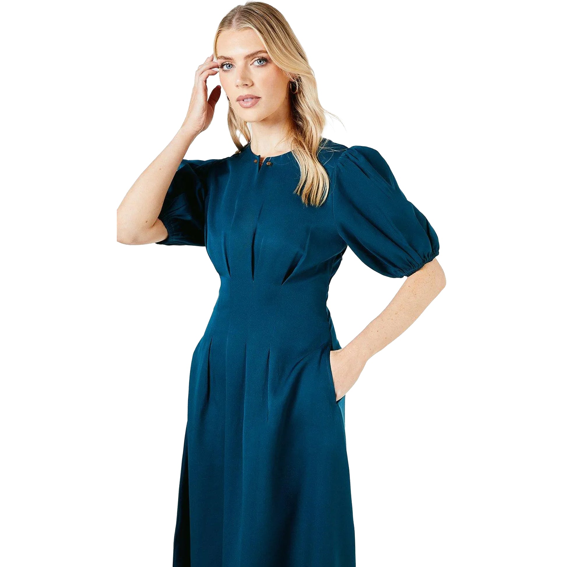 Teal - Side - Principles Womens-Ladies Pleated Puff Sleeve Midi Dress