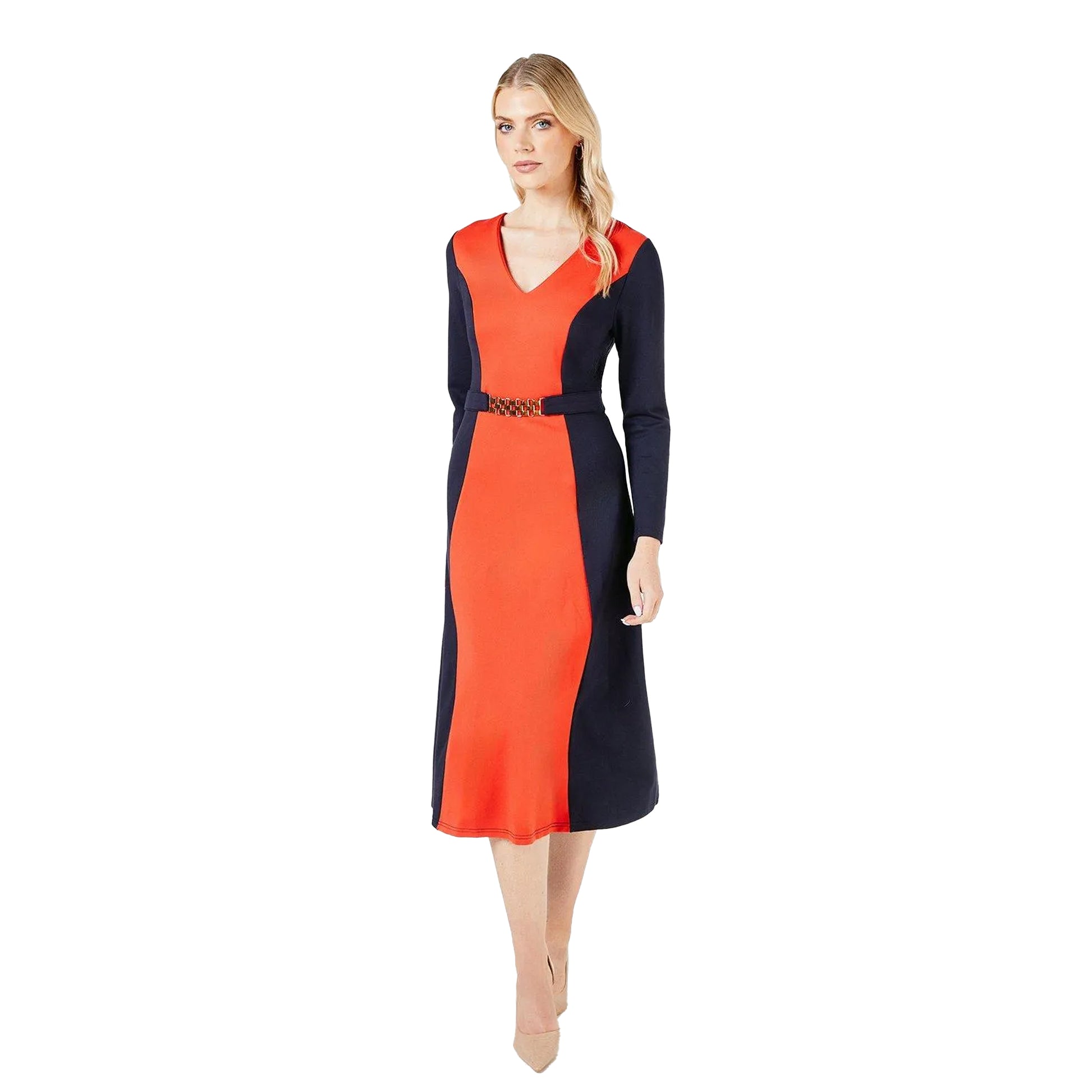 Navy - Front - Principles Womens-Ladies Colour Block Ponte Belted Midi Dress