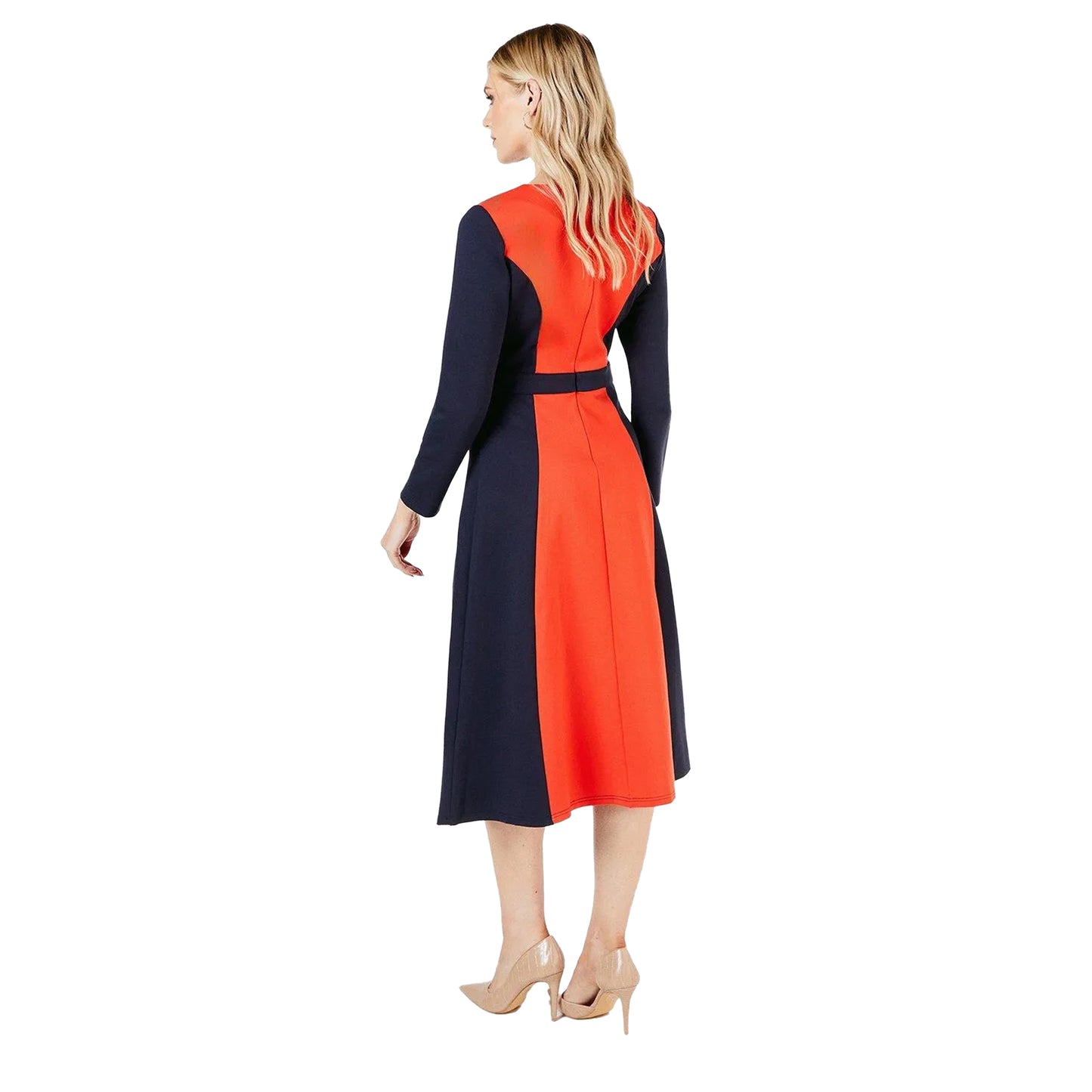 Navy - Back - Principles Womens-Ladies Colour Block Ponte Belted Midi Dress