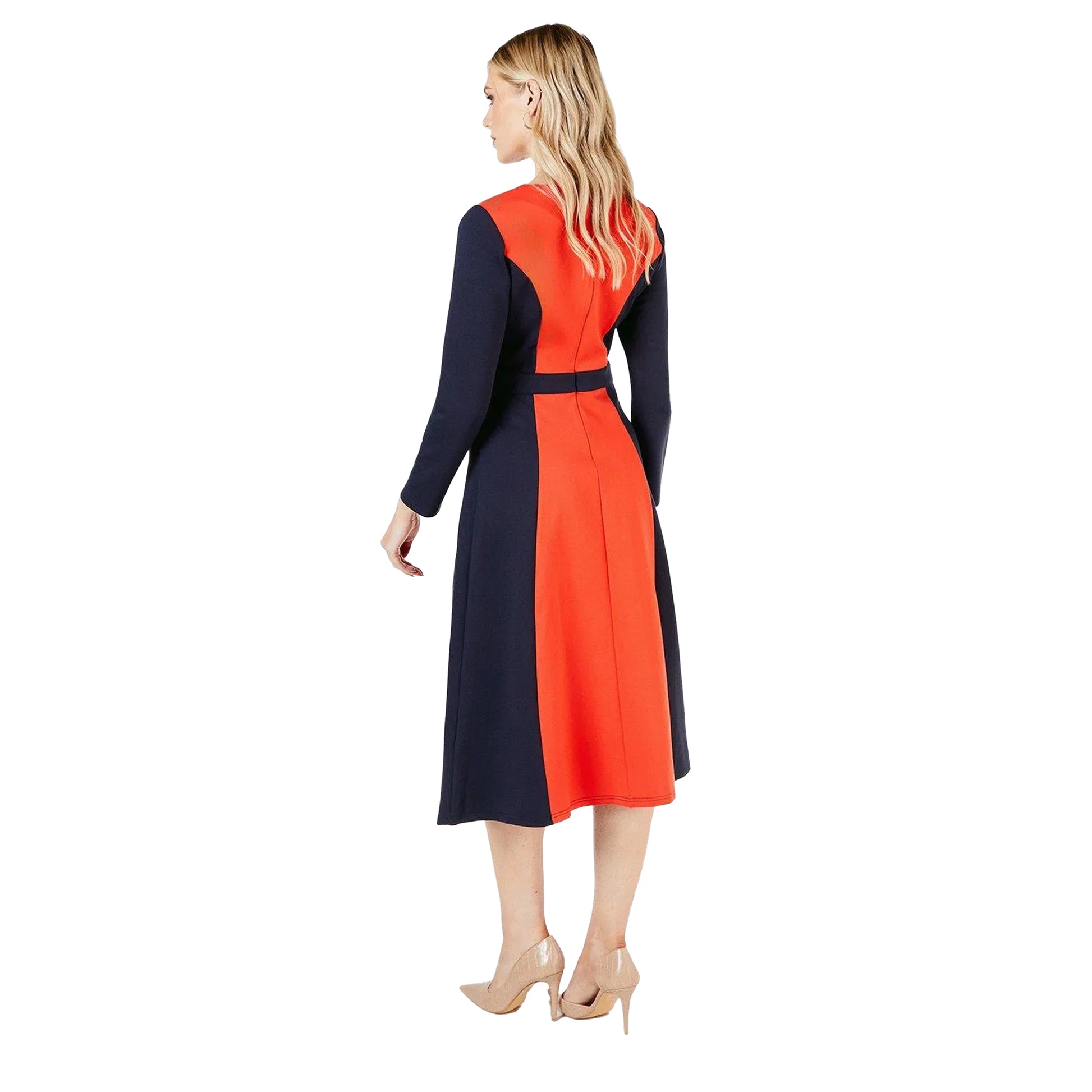 Navy - Back - Principles Womens-Ladies Colour Block Ponte Belted Midi Dress
