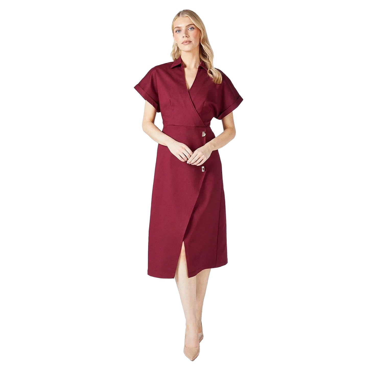 Merlot - Front - Principles Womens-Ladies Crepe Button Detail Wrap Dress