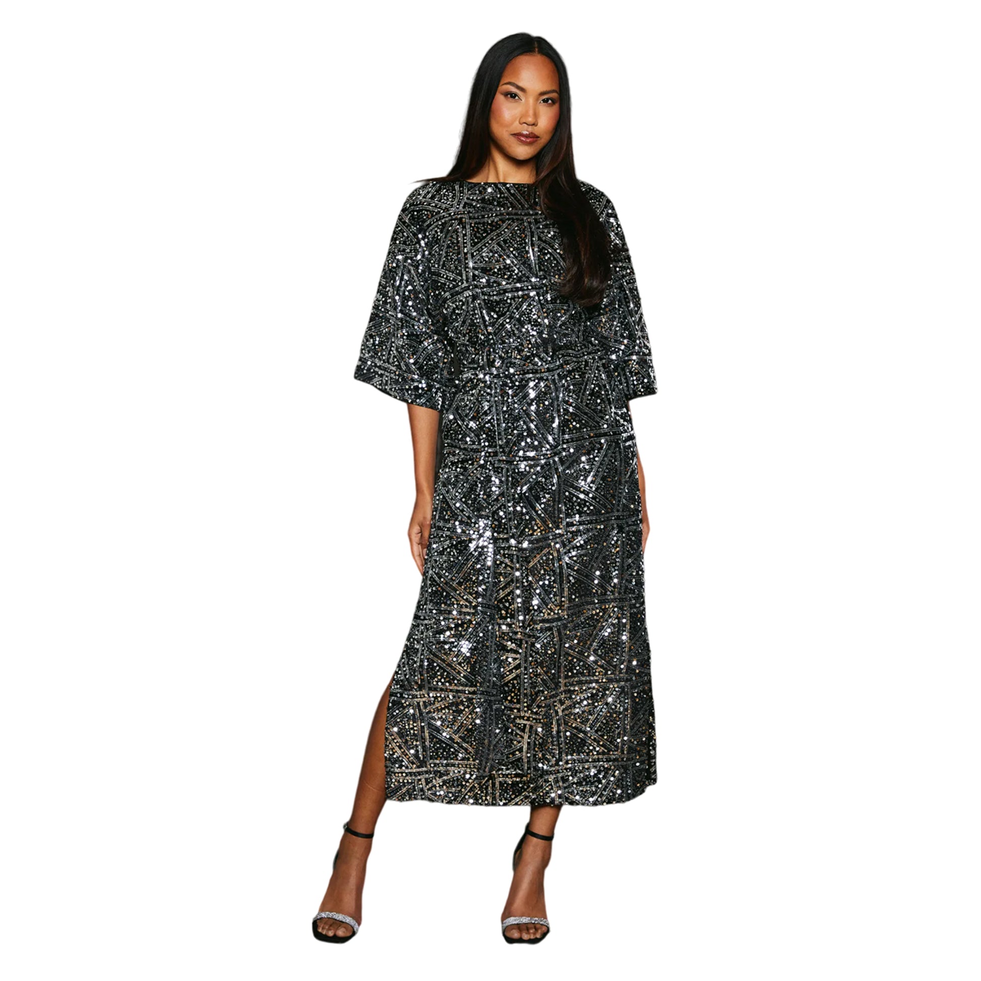 Silver - Front - Principles Womens-Ladies Sequin Belted Batwing Midi Dress