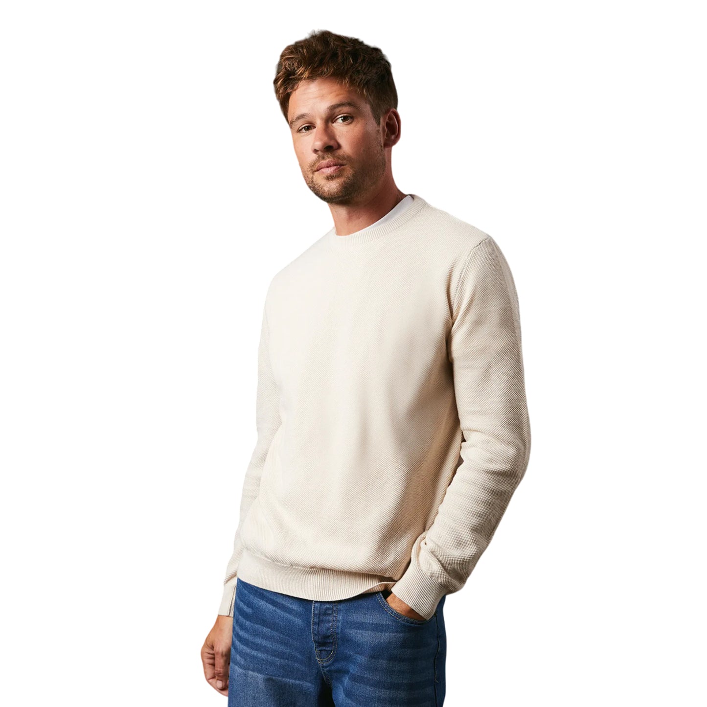 Ecru - Front - Maine Mens Knitted Honeycomb Crew Neck Jumper
