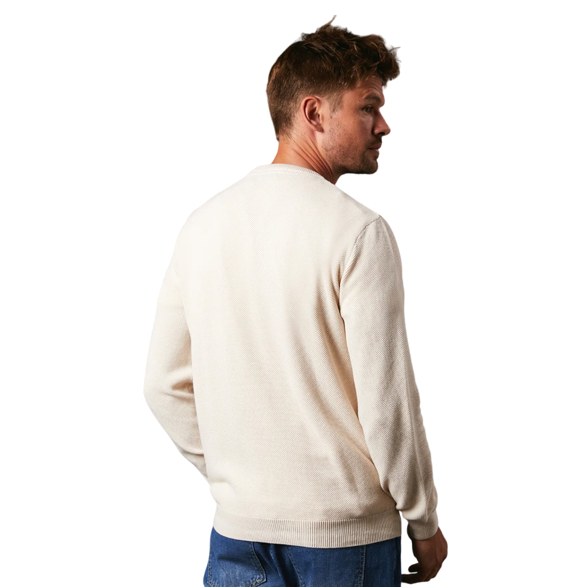 Ecru - Back - Maine Mens Knitted Honeycomb Crew Neck Jumper