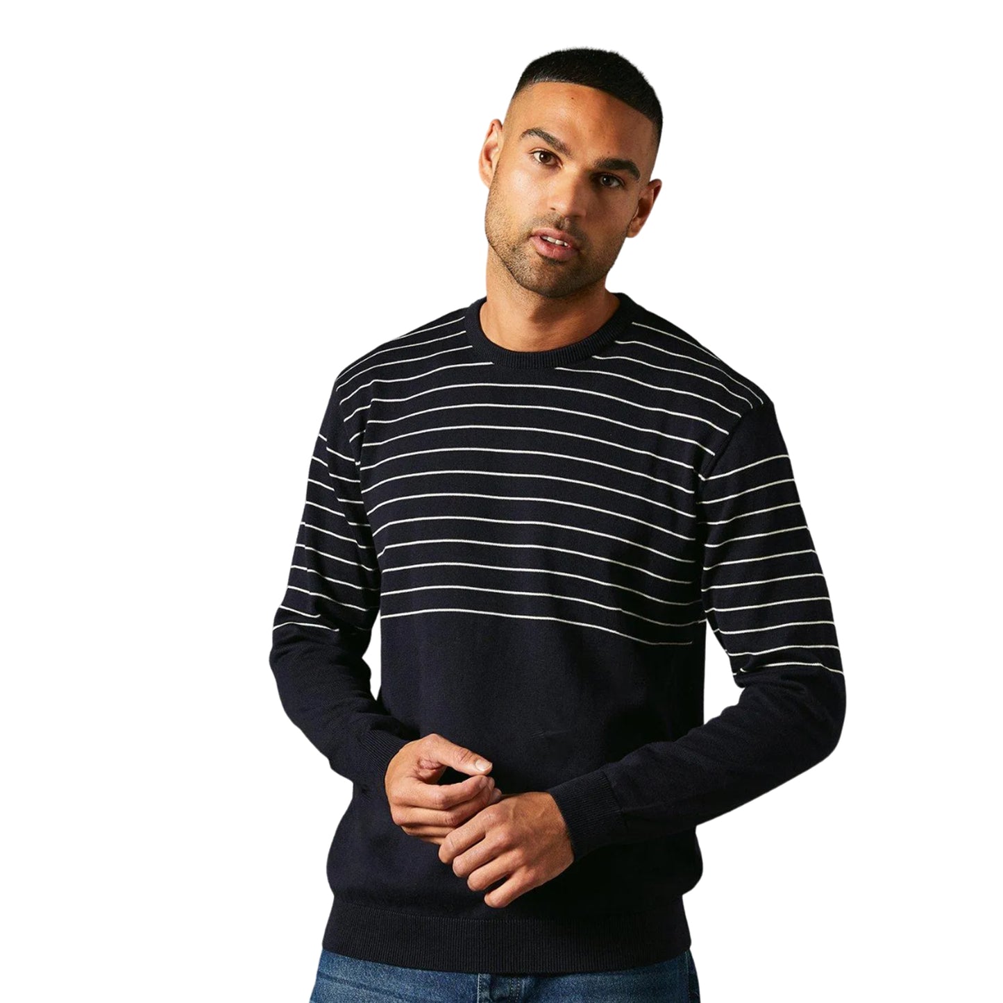 Navy - Front - Maine Mens Placement Stripe Knitted Crew Neck Jumper