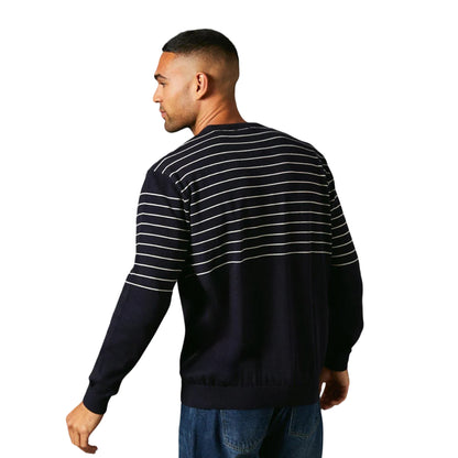 Navy - Back - Maine Mens Placement Stripe Knitted Crew Neck Jumper