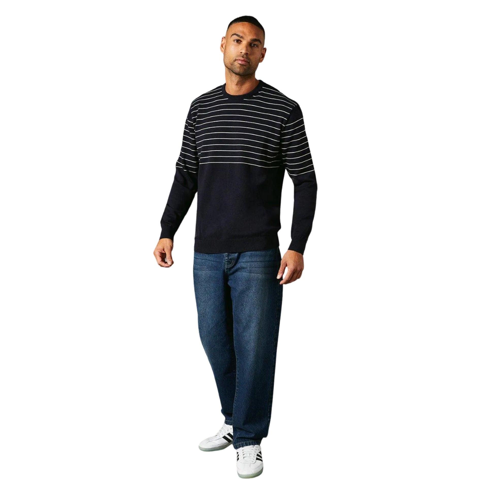 Navy - Side - Maine Mens Placement Stripe Knitted Crew Neck Jumper