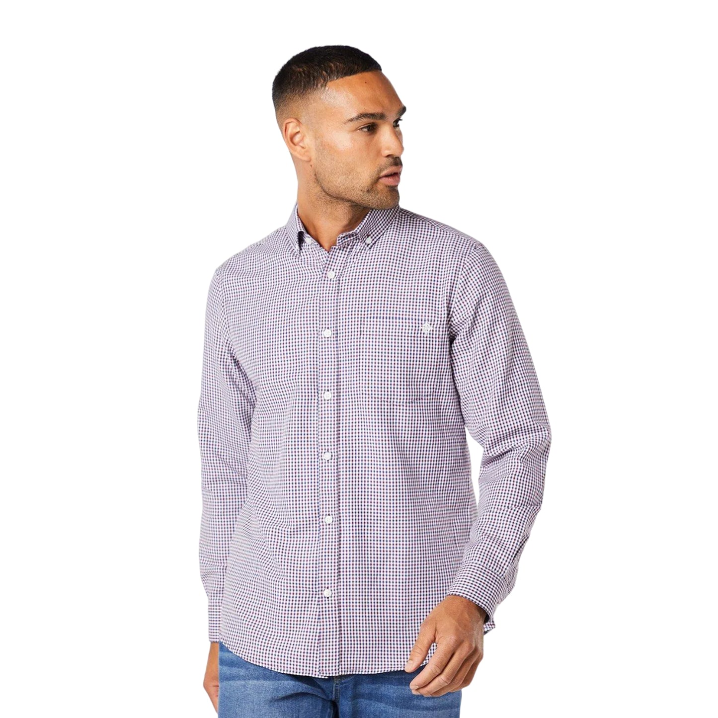 Burgundy - Front - Maine Mens Gingham Check Long-Sleeved Shirt