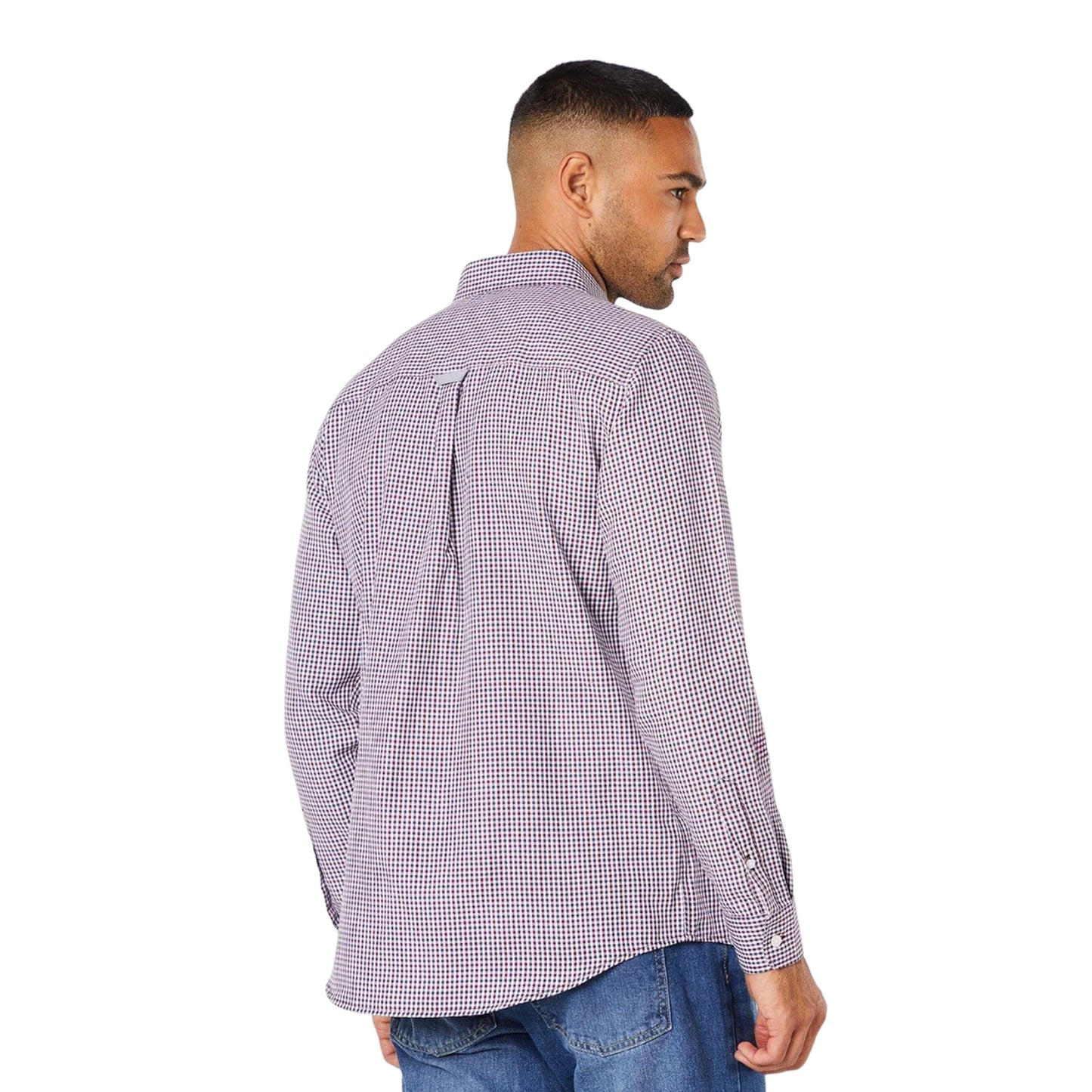 Burgundy - Back - Maine Mens Gingham Check Long-Sleeved Shirt