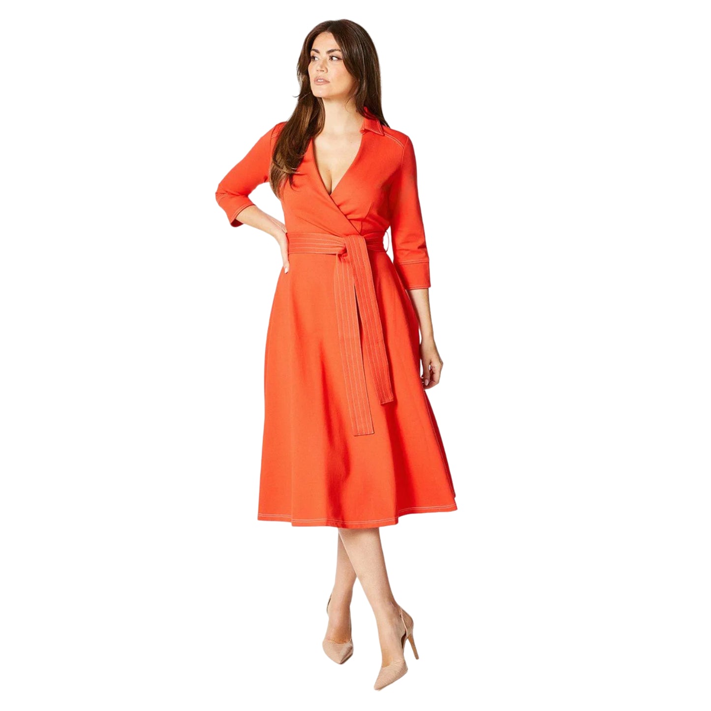 Rust - Front - Principles Womens-Ladies Stitched Ponte Waist Tie Midi Dress