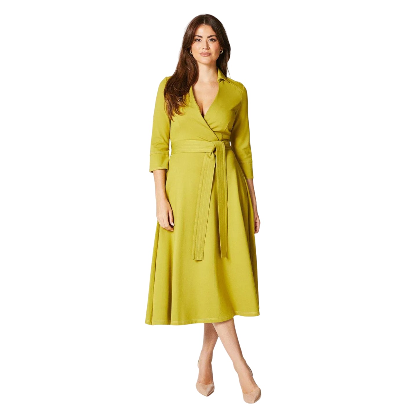 Chartreuse - Front - Principles Womens-Ladies Stitched Ponte Waist Tie Midi Dress