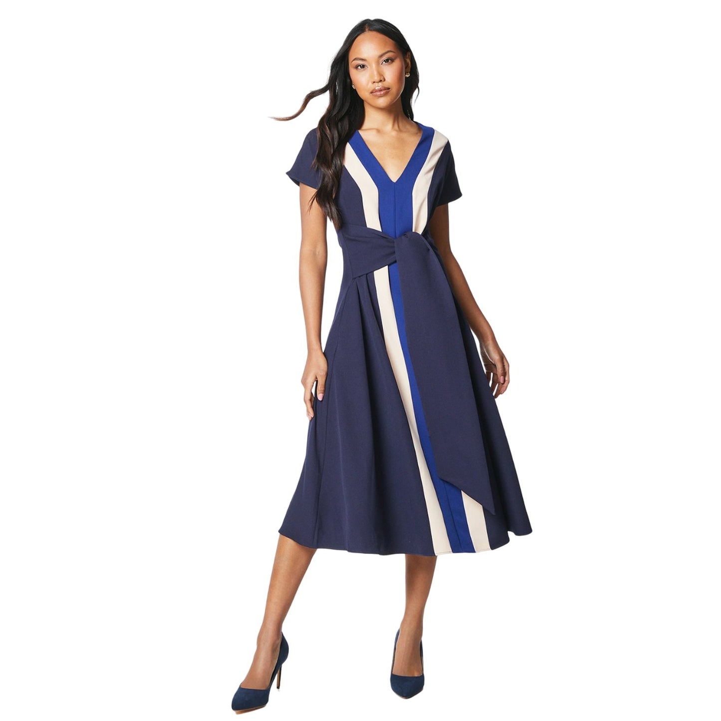 Blue - Front - Principles Womens-Ladies Colour Block Tie Belt Midi Dress