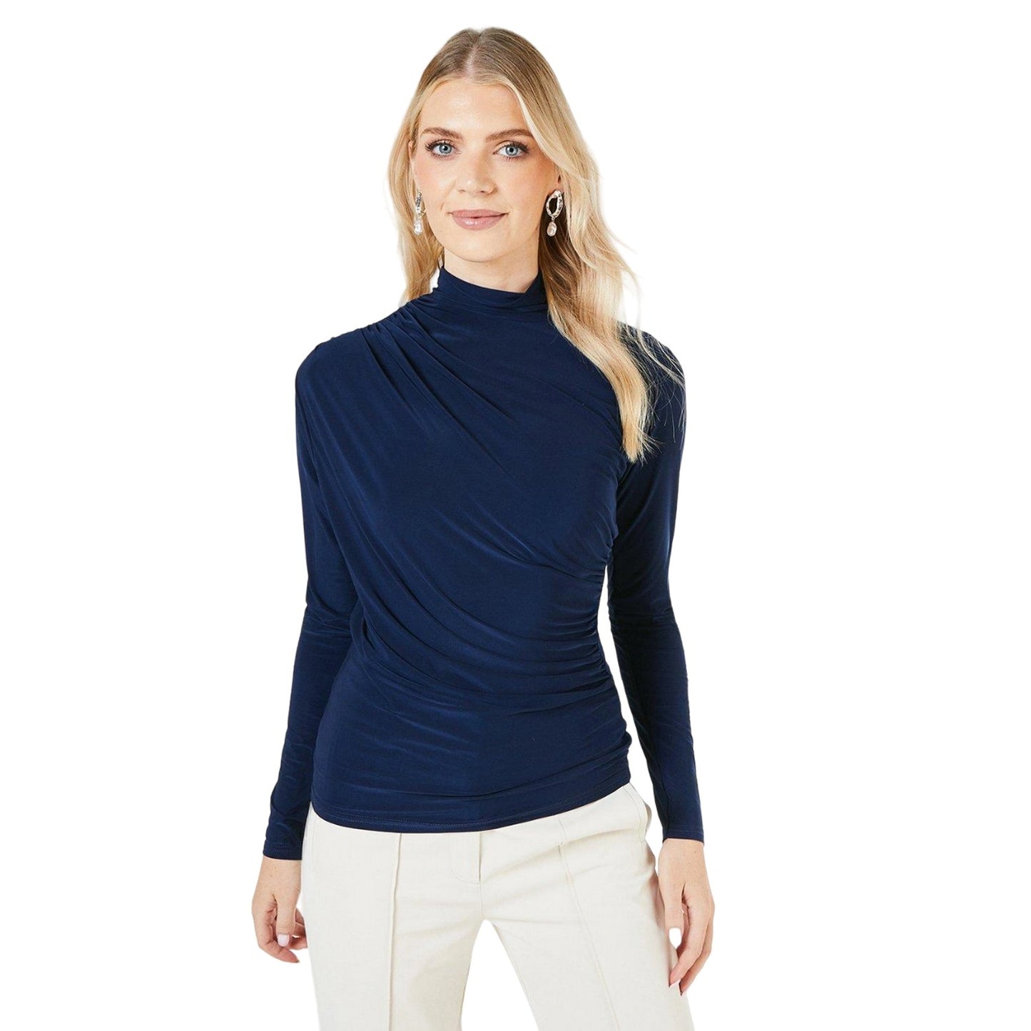 Navy - Front - Principles Womens-Ladies Draped High-Neck Long-Sleeved Top