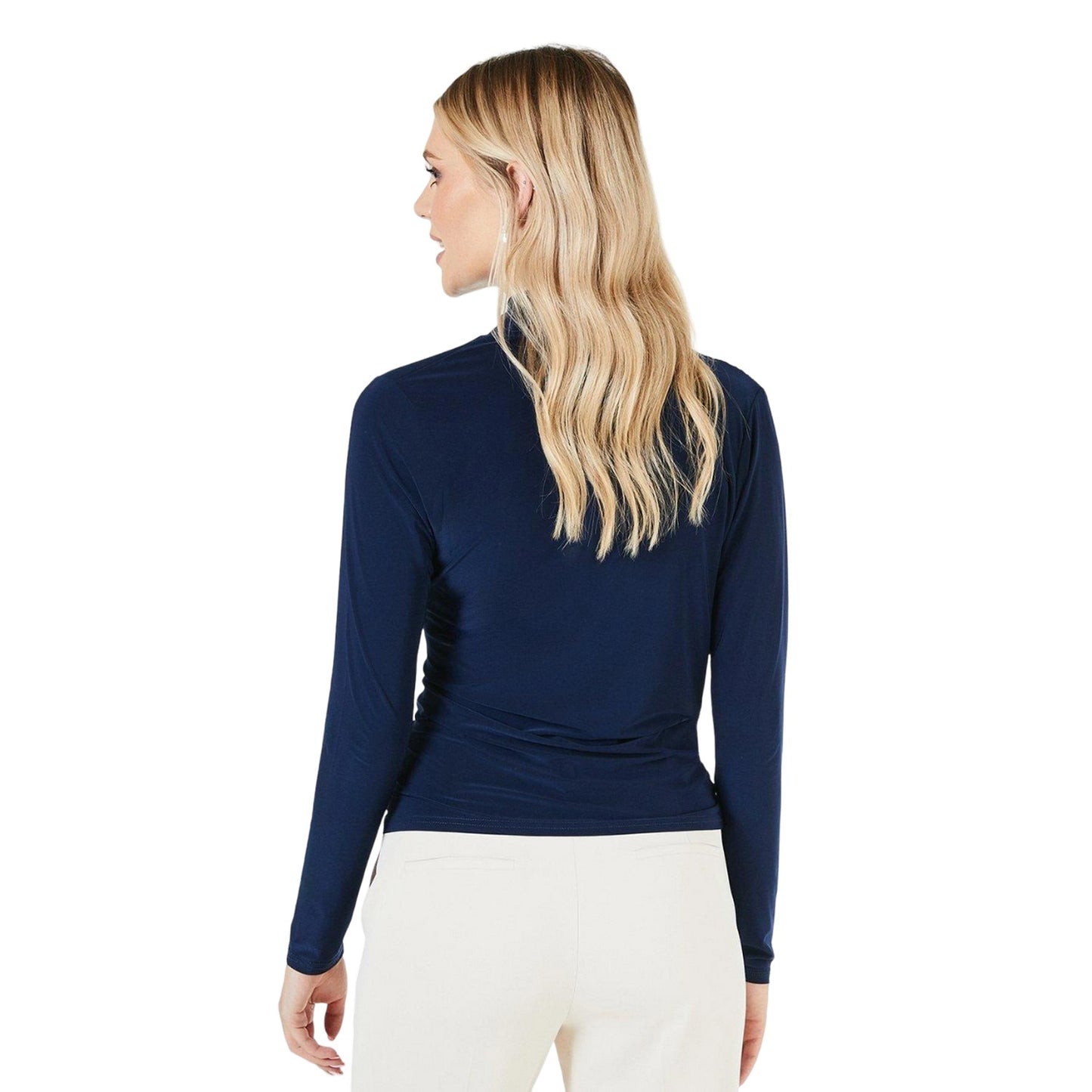 Navy - Back - Principles Womens-Ladies Draped High-Neck Long-Sleeved Top