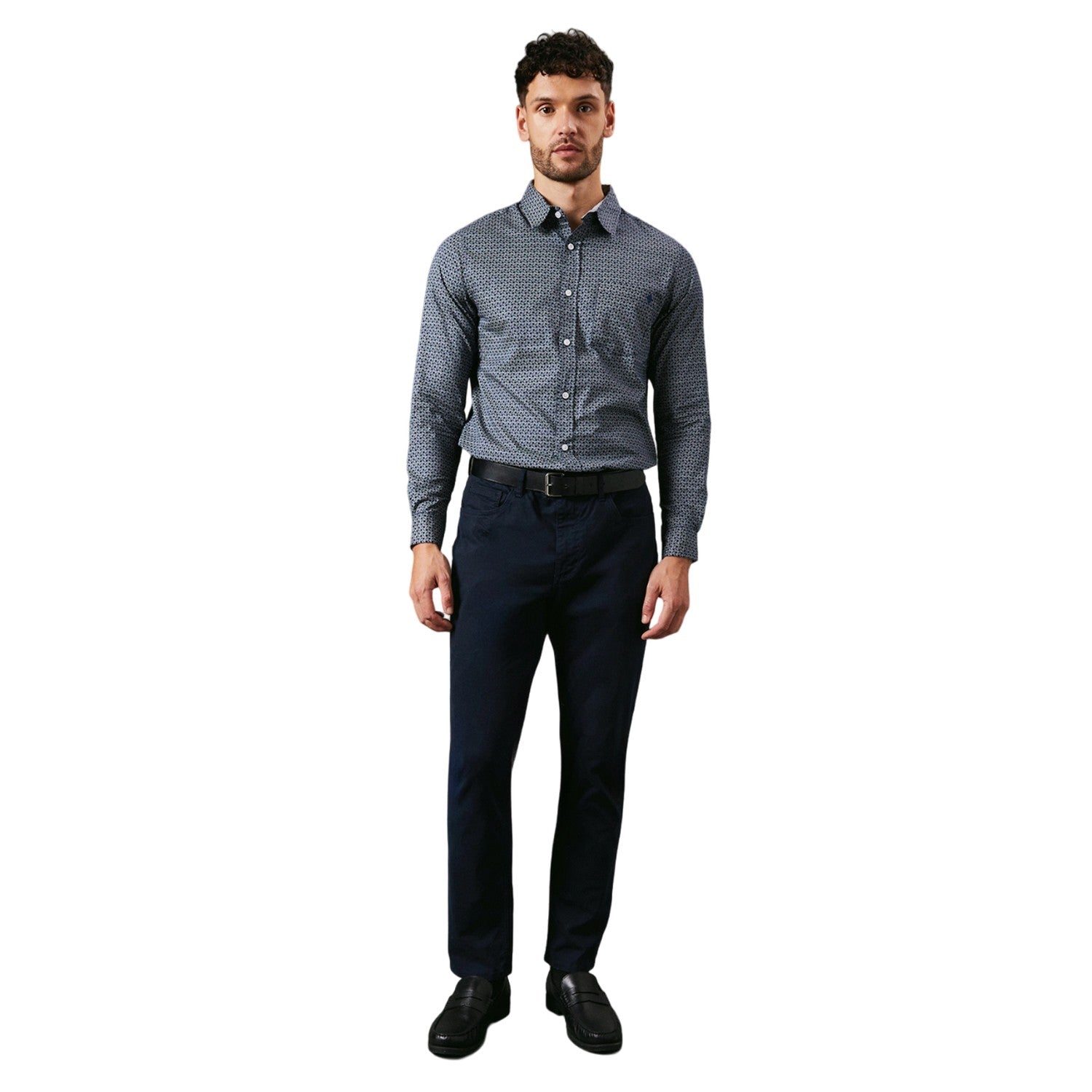 Navy - Side - Maine Mens Abstract Shape Print Long-Sleeved Shirt