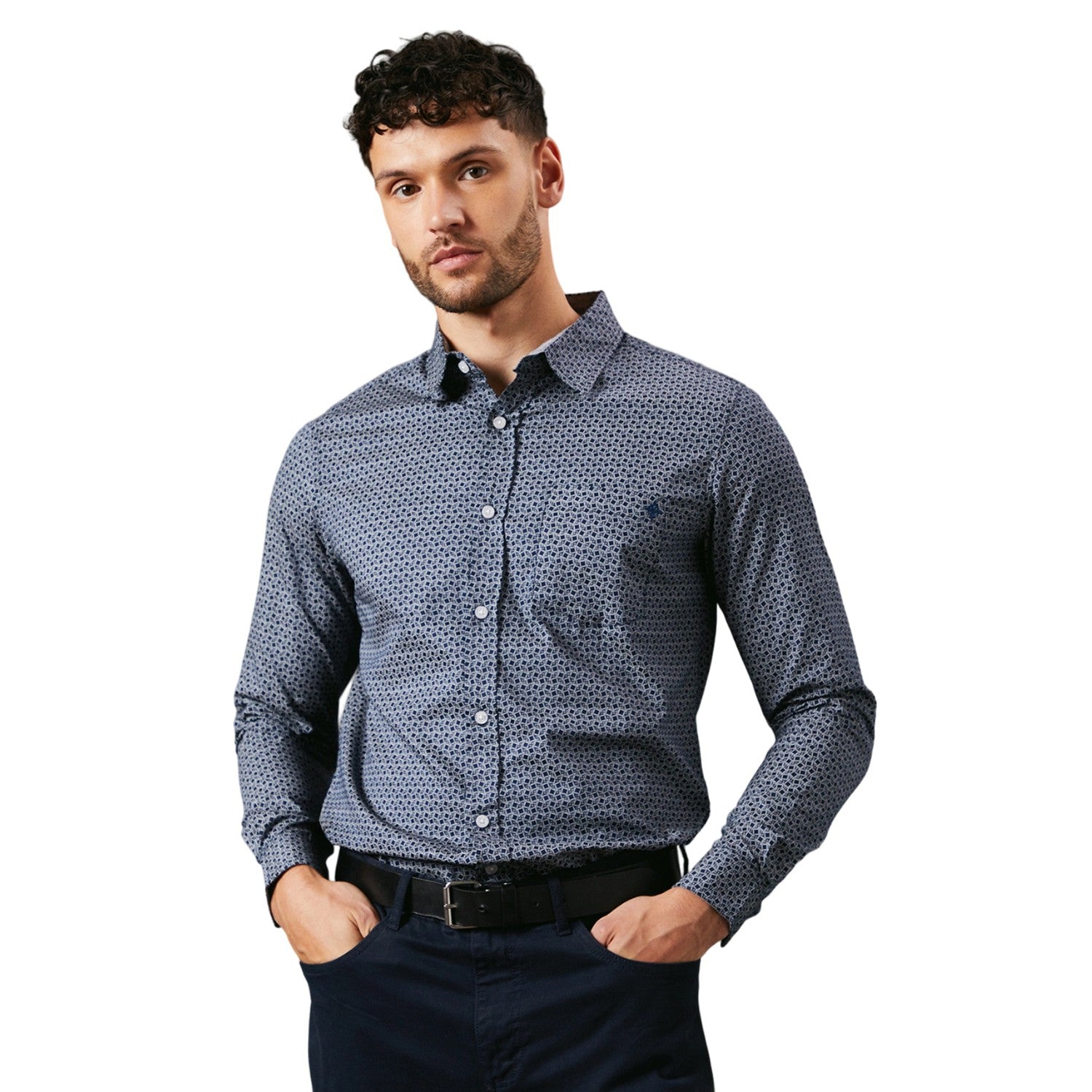 Navy - Front - Maine Mens Abstract Shape Print Long-Sleeved Shirt