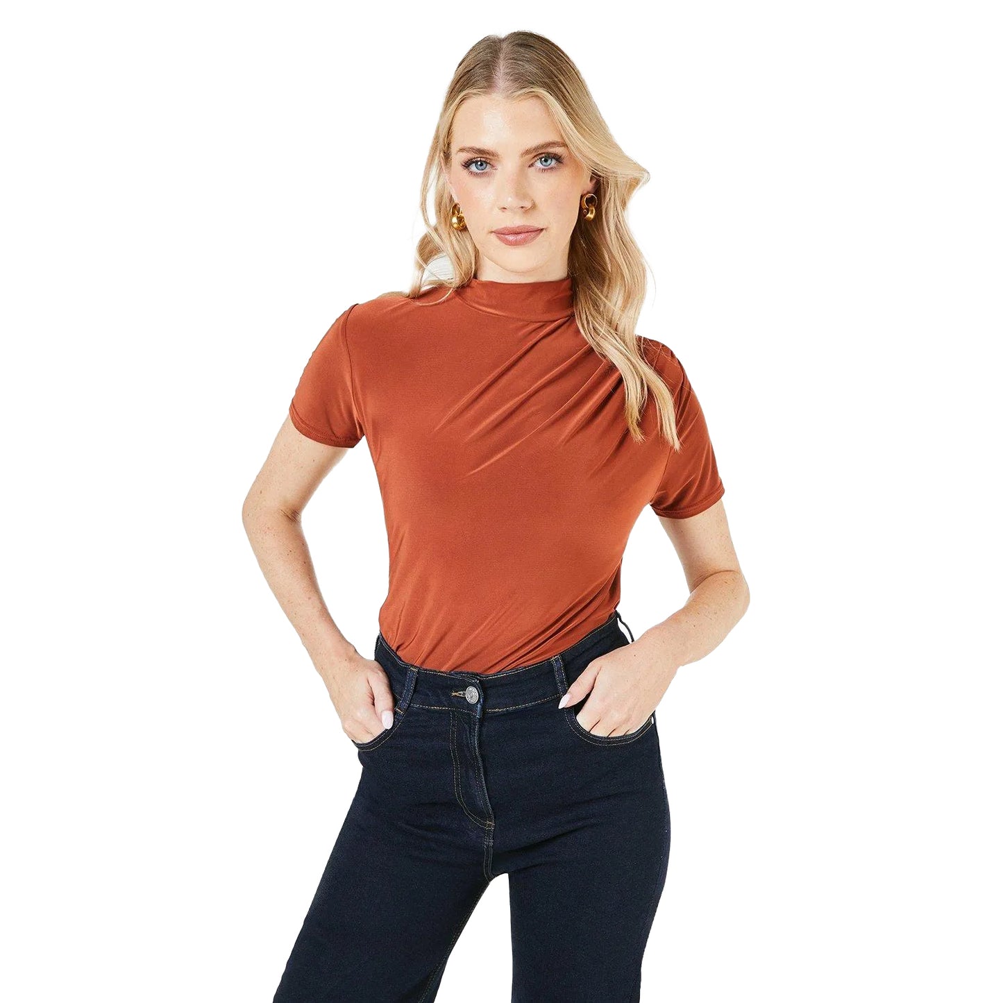 Rust - Front - Principles Womens-Ladies Draped High-Neck Top