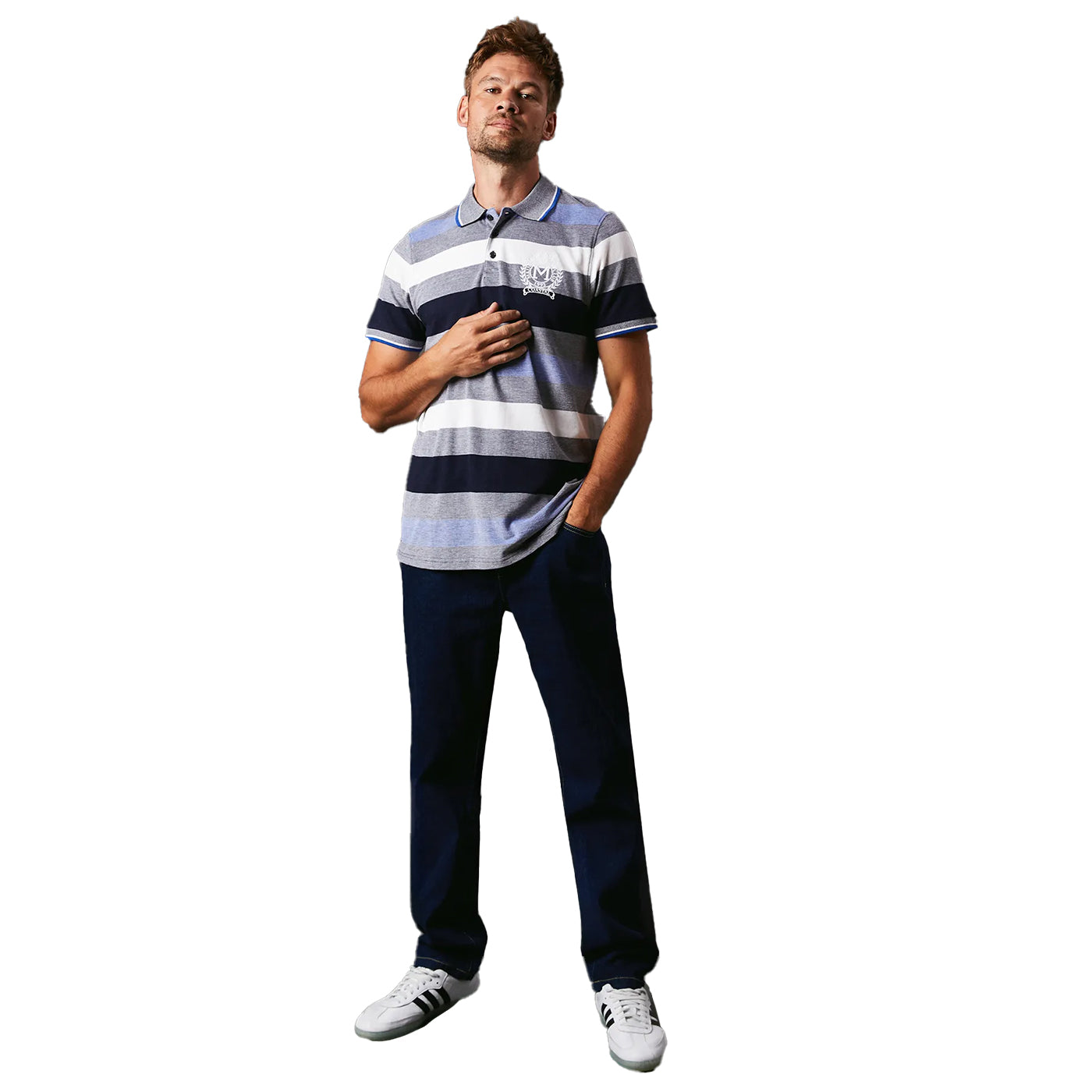 Navy - Lifestyle - Maine Mens Barbados Stripe Embroidered Polo Shirt