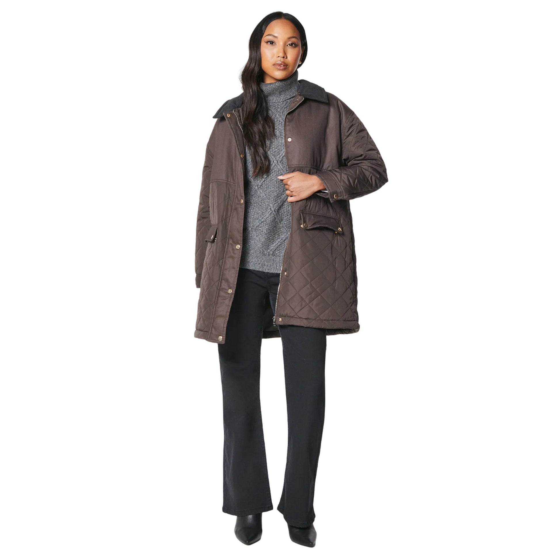 Chocolate - Side - Principles Womens-Ladies Quilted Corduroy Collar Jacket