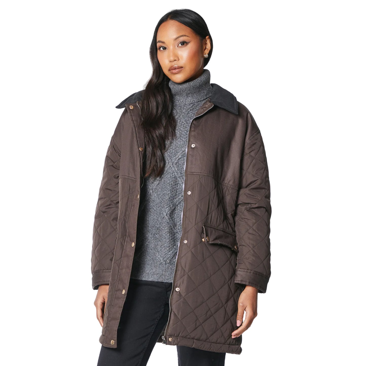 Chocolate - Front - Principles Womens-Ladies Quilted Corduroy Collar Jacket
