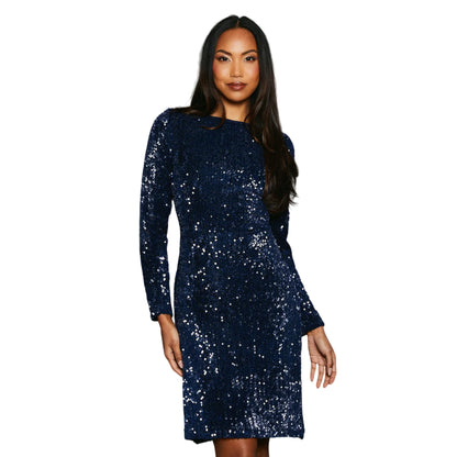 Navy - Front - Principles Womens-Ladies Sequin Velvet Pencil Dress