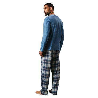 Blue - Back - Maine Mens Checked Brushed Pyjama Set