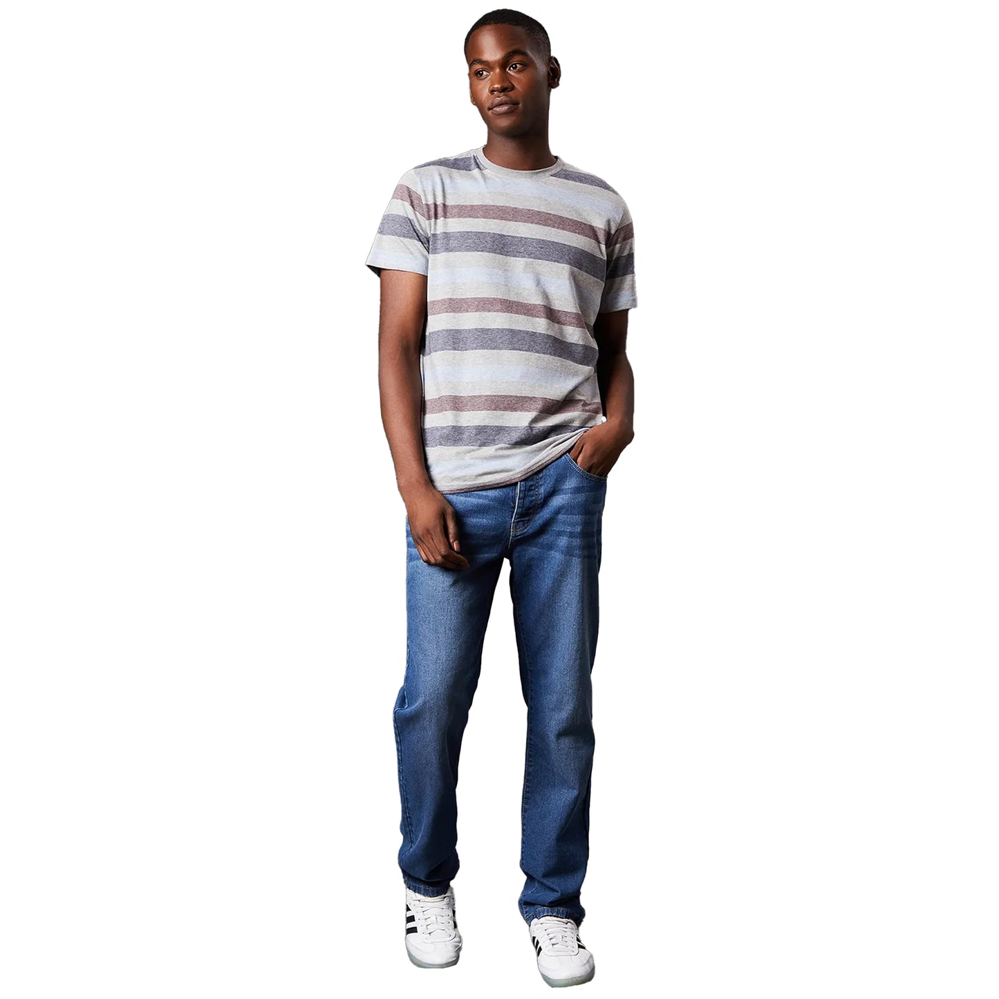 Light Grey - Side - Maine Mens Feeder Stripe T-Shirt