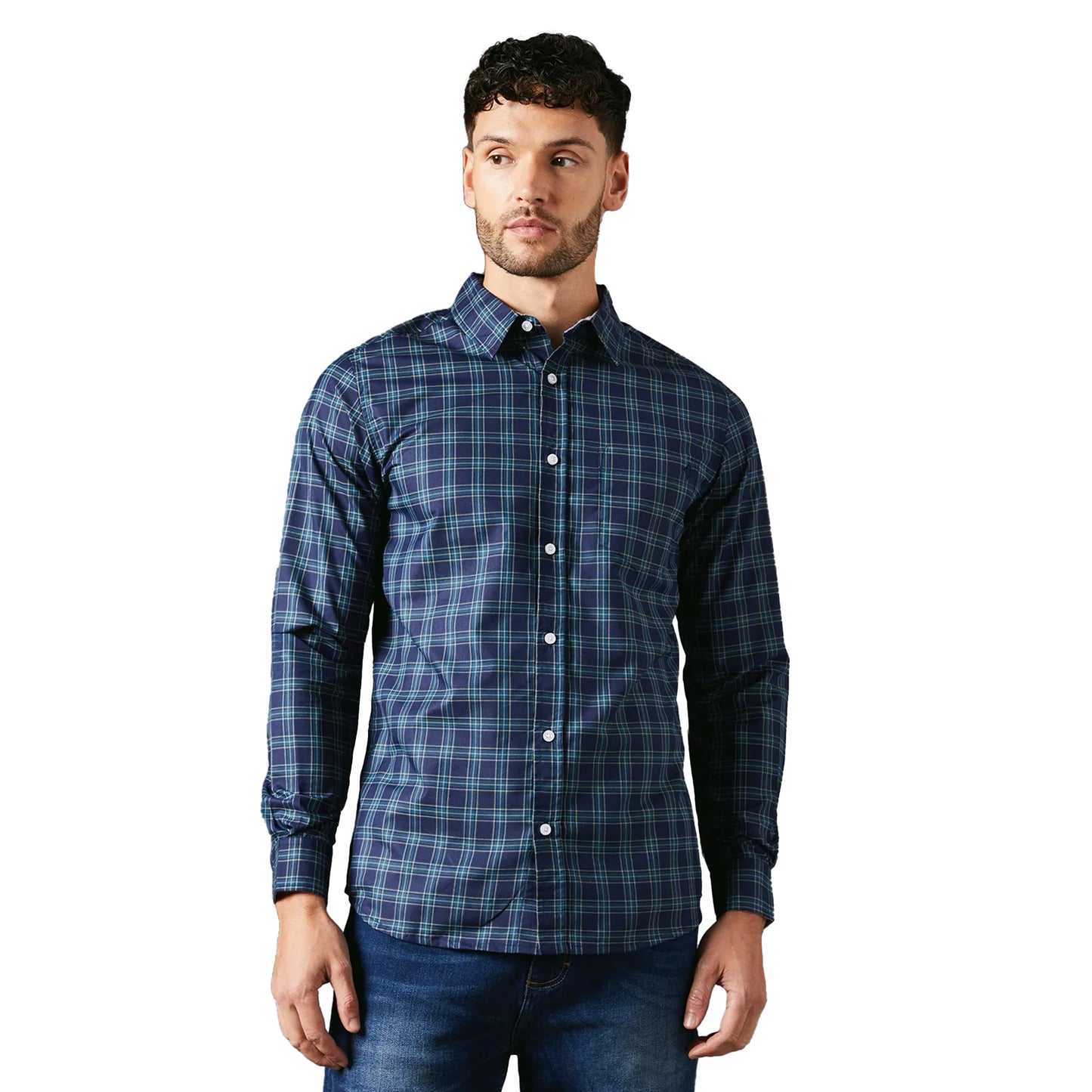 Turquoise - Front - Maine Mens Brooklyn Checked Long-Sleeved Shirt