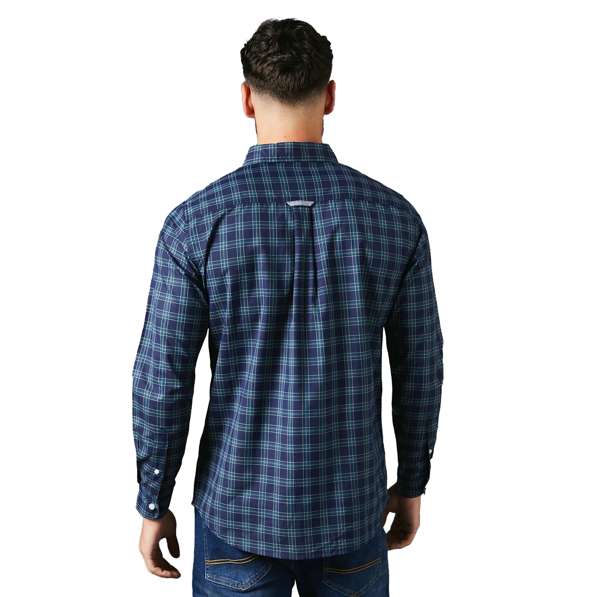Turquoise - Back - Maine Mens Brooklyn Checked Long-Sleeved Shirt