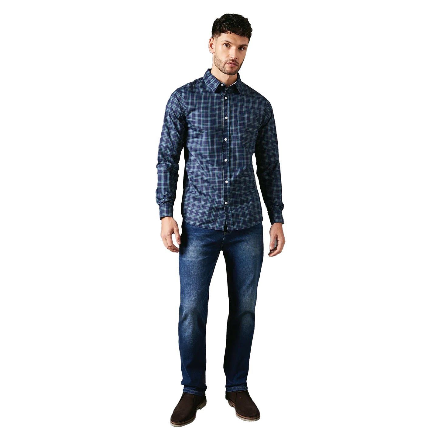 Turquoise - Side - Maine Mens Brooklyn Checked Long-Sleeved Shirt
