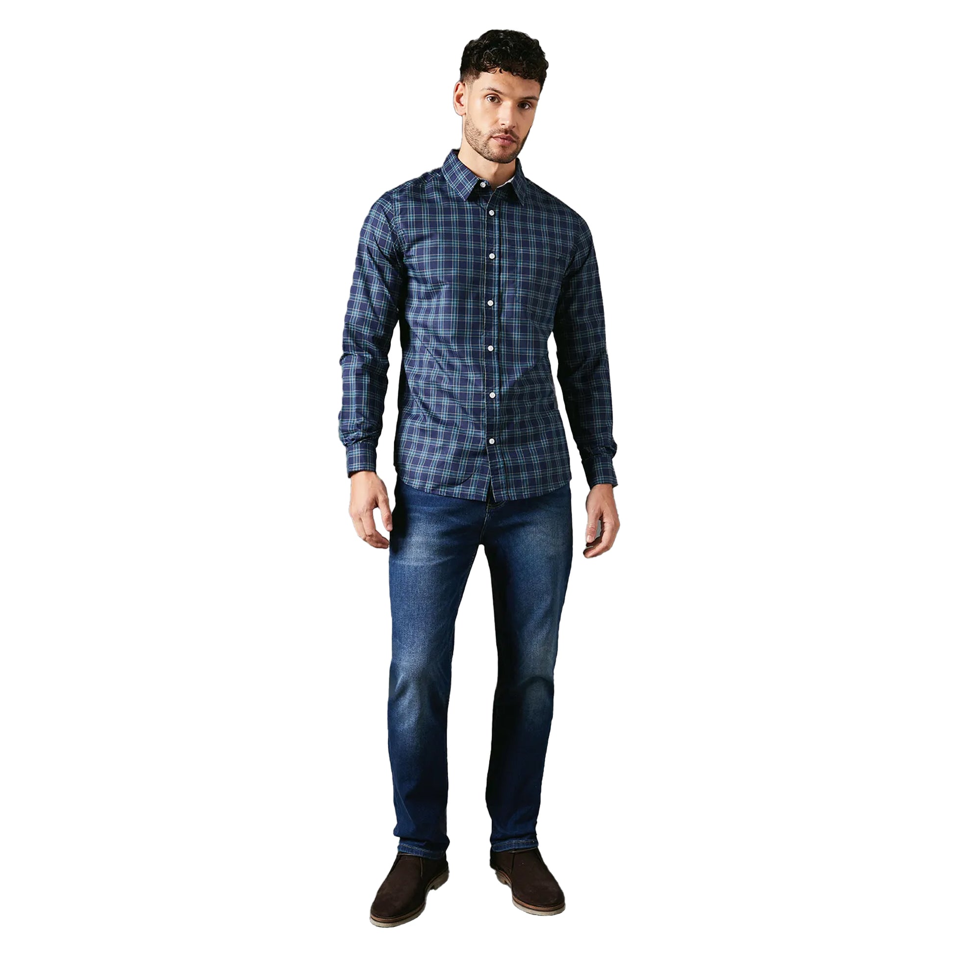 Turquoise - Side - Maine Mens Brooklyn Checked Long-Sleeved Shirt