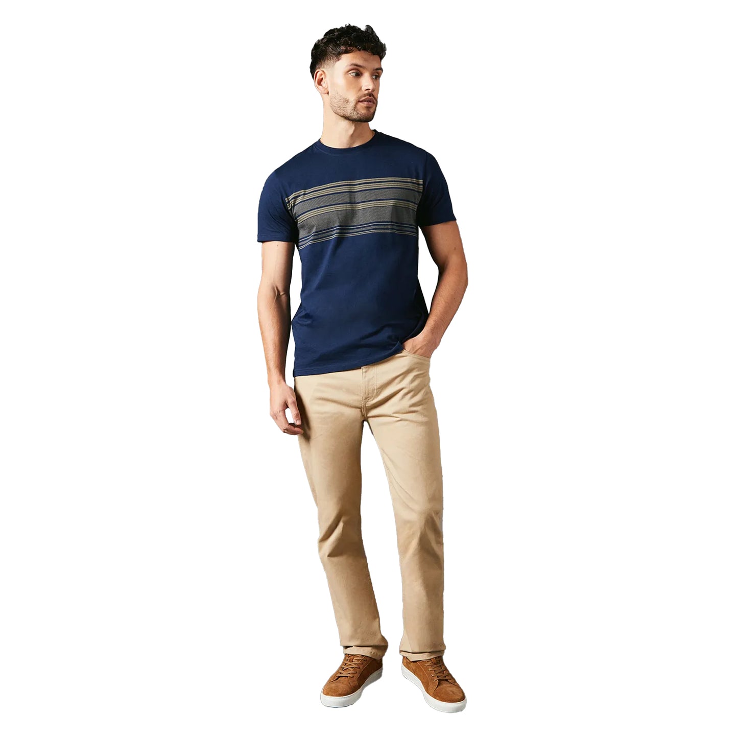 Navy - Side - Maine Mens Chest Stripe T-Shirt
