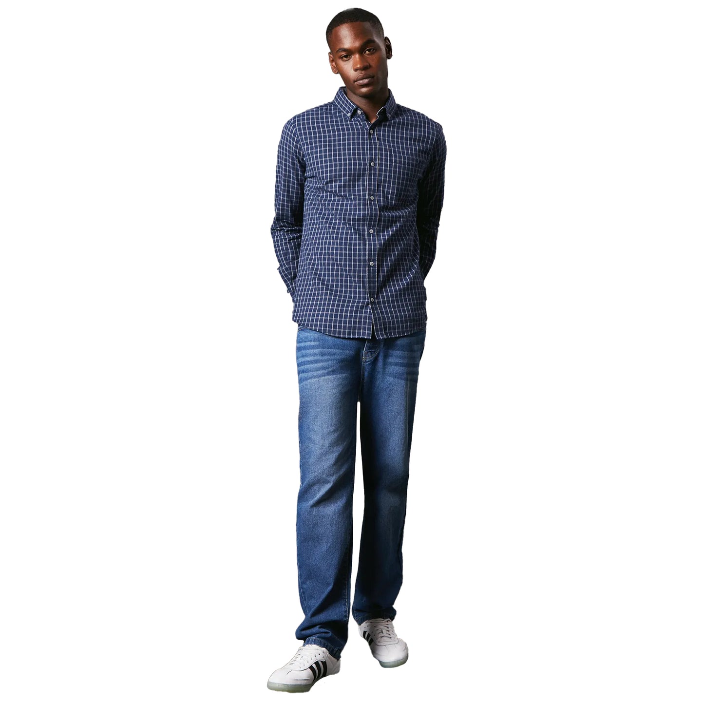 Navy - Side - Maine Mens Grid Checked Brushed Long-Sleeved Shirt
