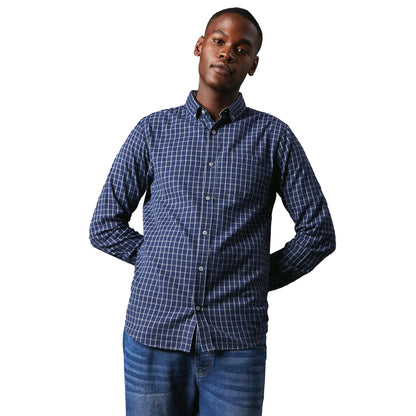 Navy - Front - Maine Mens Grid Checked Brushed Long-Sleeved Shirt