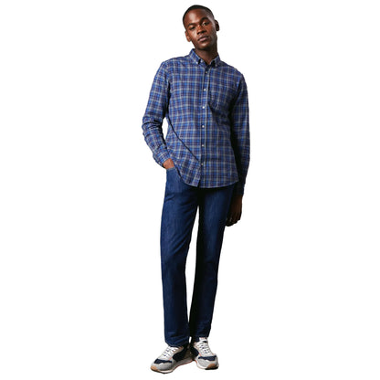 Navy - Side - Maine Mens Windowpane Check Brushed Long-Sleeved Shirt