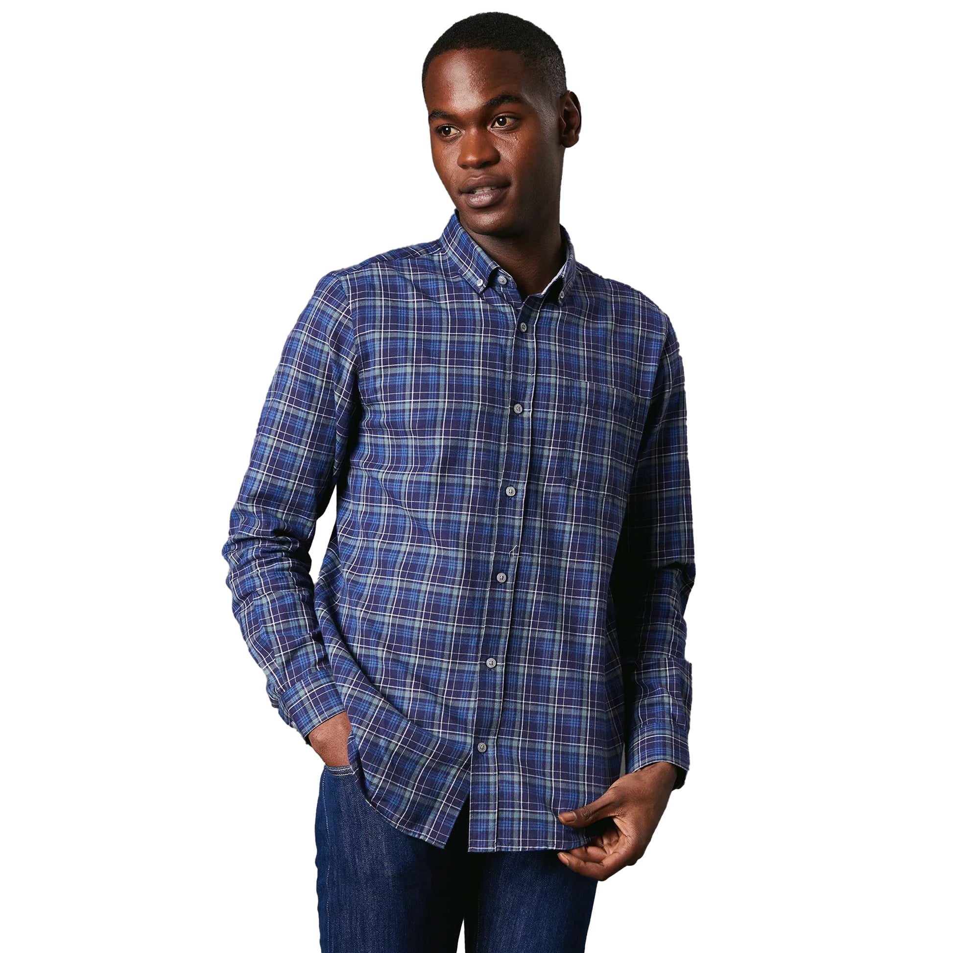 Navy - Front - Maine Mens Windowpane Check Brushed Long-Sleeved Shirt