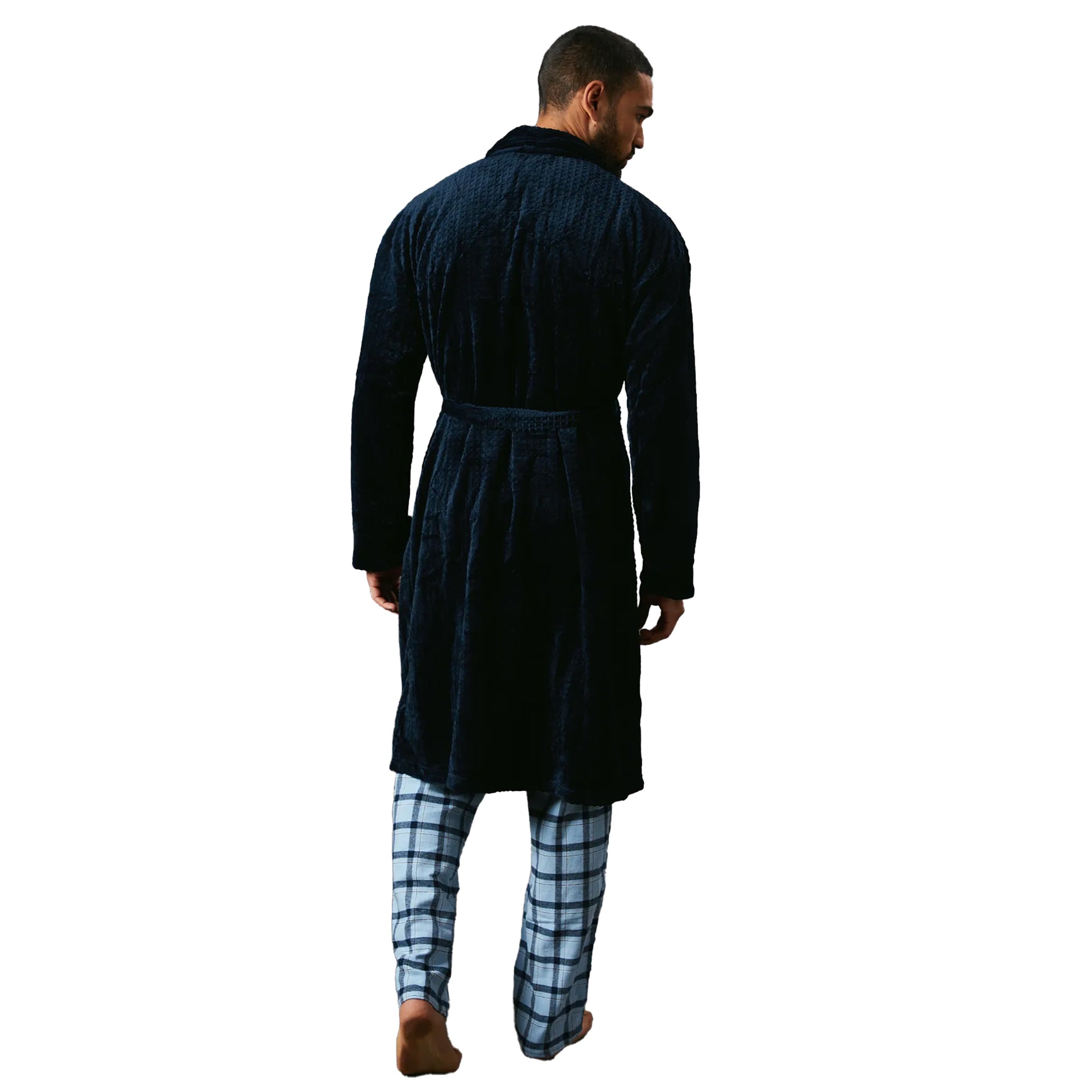 Navy - Back - Maine Mens Waffle Shawl Collar Robe