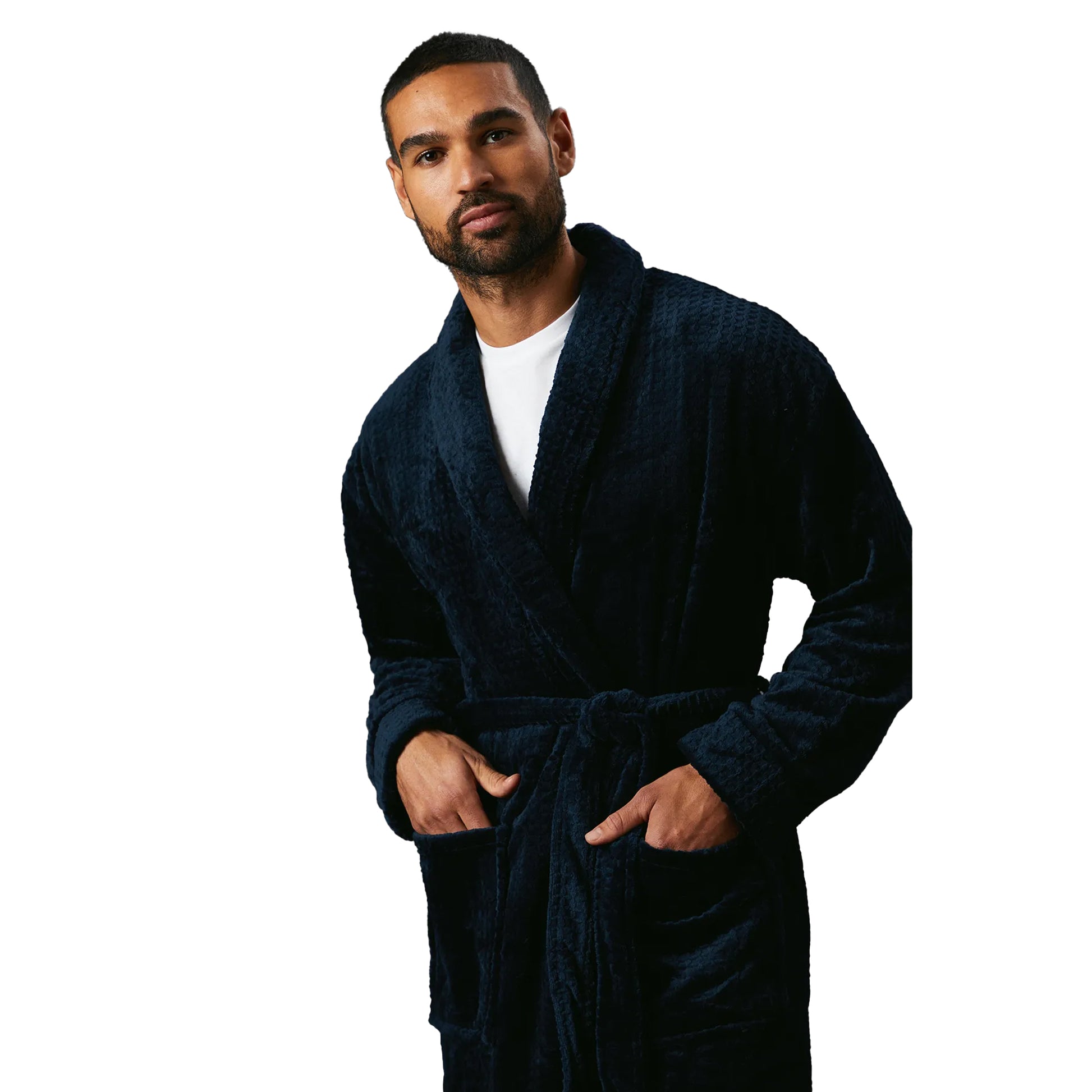 Navy - Side - Maine Mens Waffle Shawl Collar Robe