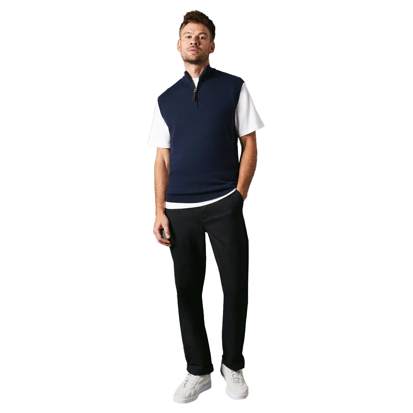 Navy - Side - Maine Mens Knitted Zip Neck Sleeveless Pullover