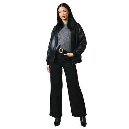 Black - Side - Principles Womens-Ladies Leather Faux Fur Collar Bomber Jacket