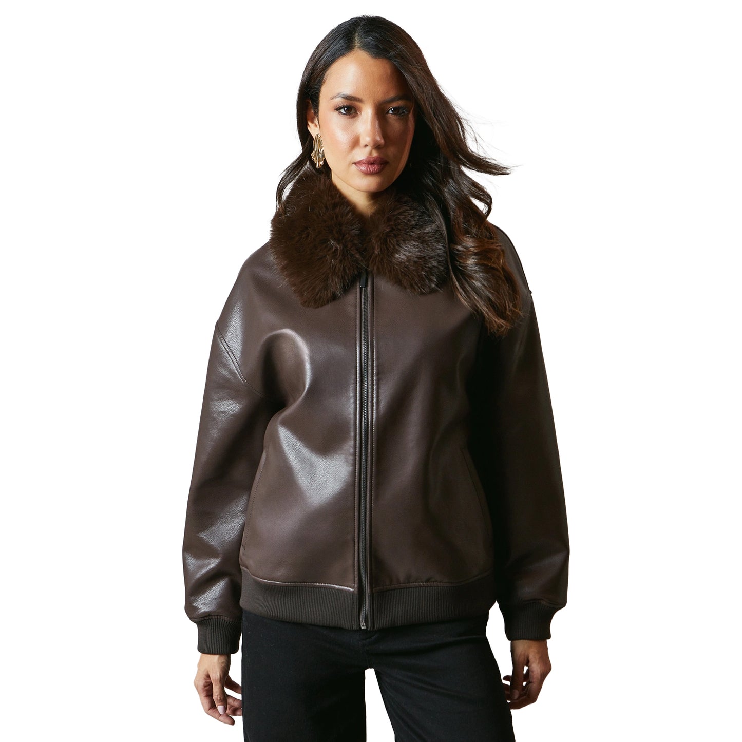 Chocolate - Front - Principles Womens-Ladies Leather Faux Fur Collar Bomber Jacket