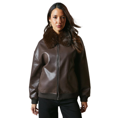 Chocolate - Front - Principles Womens-Ladies Leather Faux Fur Collar Bomber Jacket